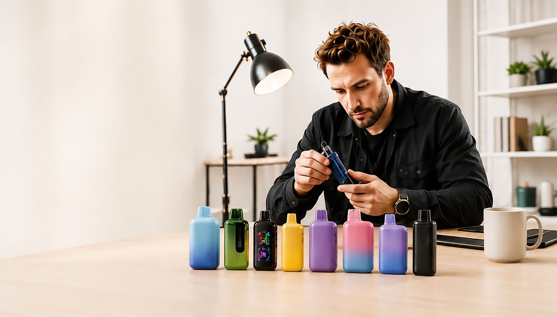 A reviewer examining a vape device at a desk beside a row of colourful disposable vapes