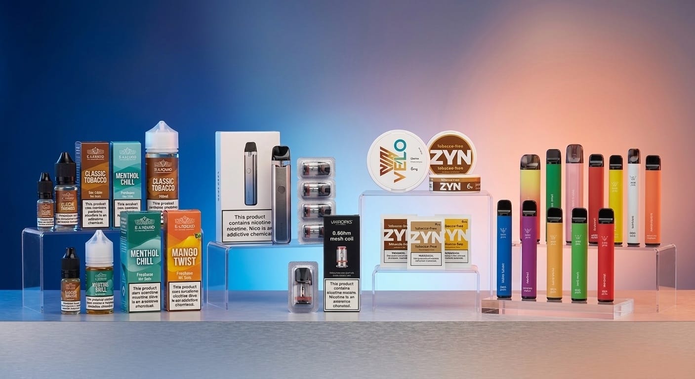 clean studio arrangement of vape products categorized on clear acrylic risers against a gradient background.