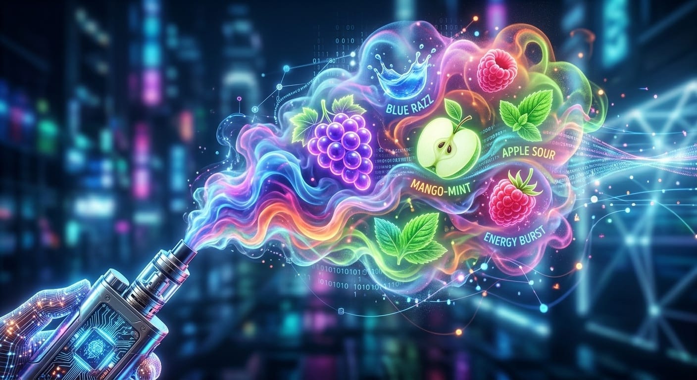 The entire vapor cloud is connected to a complex network of glowing data points, light lines, and floating binary code numbers, emphasizing a blend of technology and flavor experience.