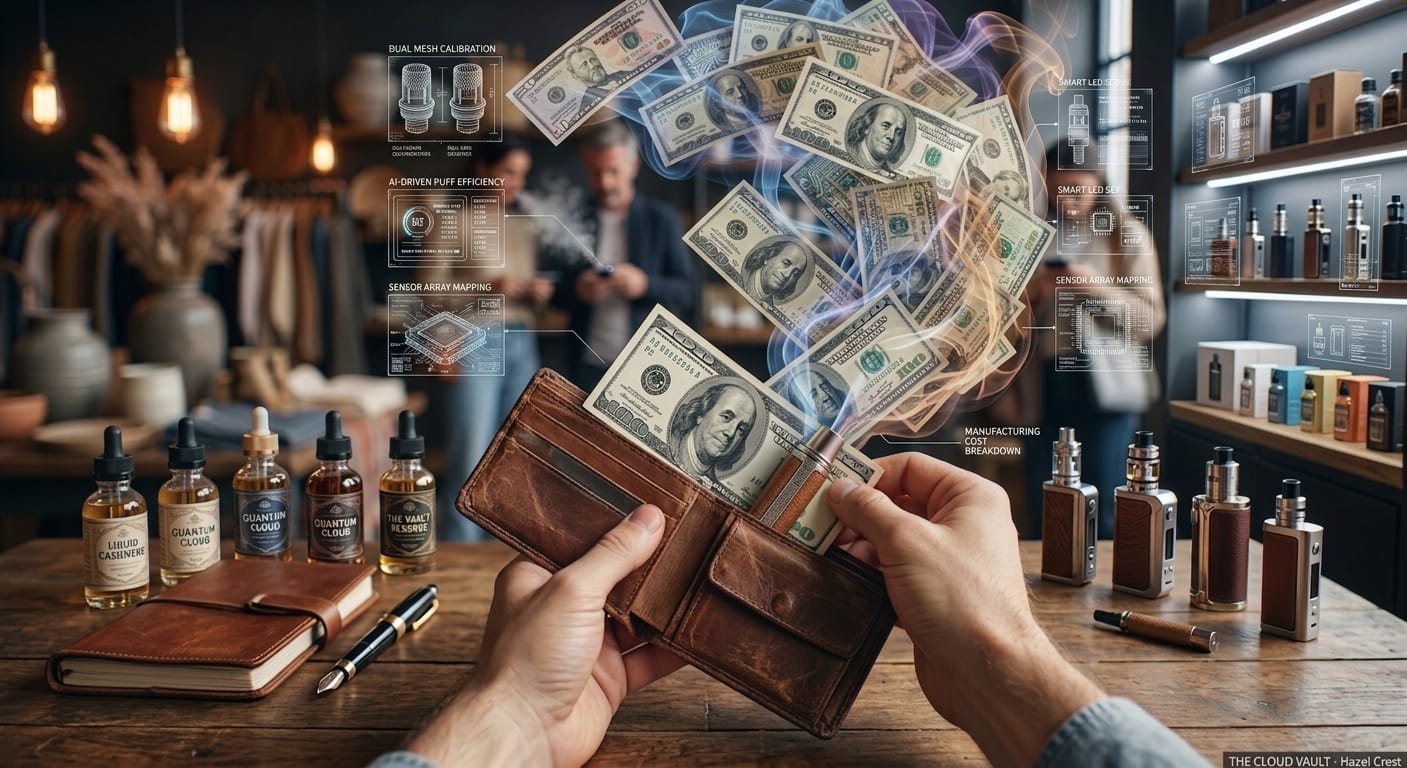 A first-person view of a person holding an open leather wallet at a wooden table inside a vape shop