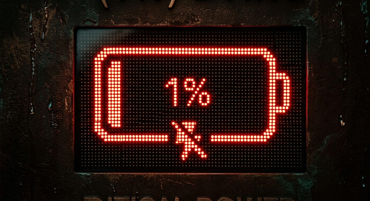 A glowing red LED battery icon displaying 1% power with a low battery symbol against a dark background.
