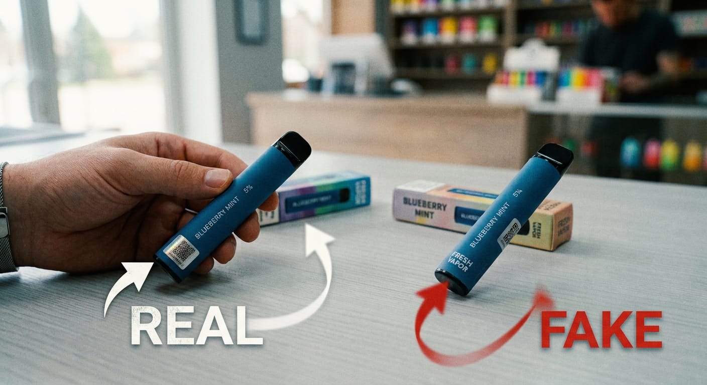 A side-by-side comparison of a genuine disposable vape labeled real or fake