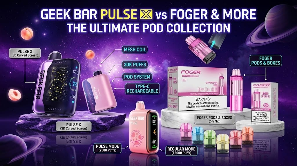 Geek Bar Pulse X vs. Foger disposable vape pod comparison graphic