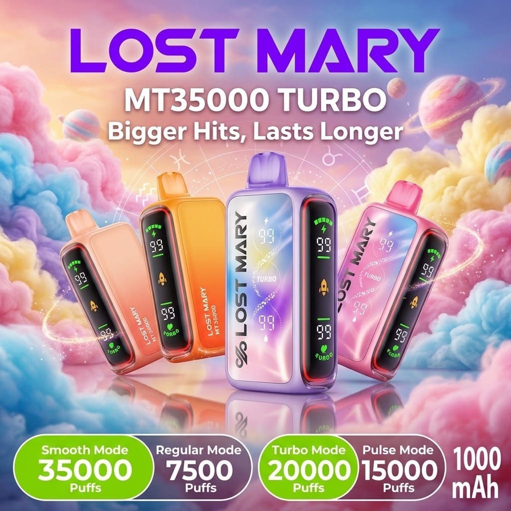Lost Mary MT35000 Turbo disposable vapes in four colors, showing Smooth Mode 35,000 puffs, Regular Mode 7,500 puffs, Turbo Mode 20,000 puffs, and Pulse Mode 15,000 puffs with 1000mAh battery