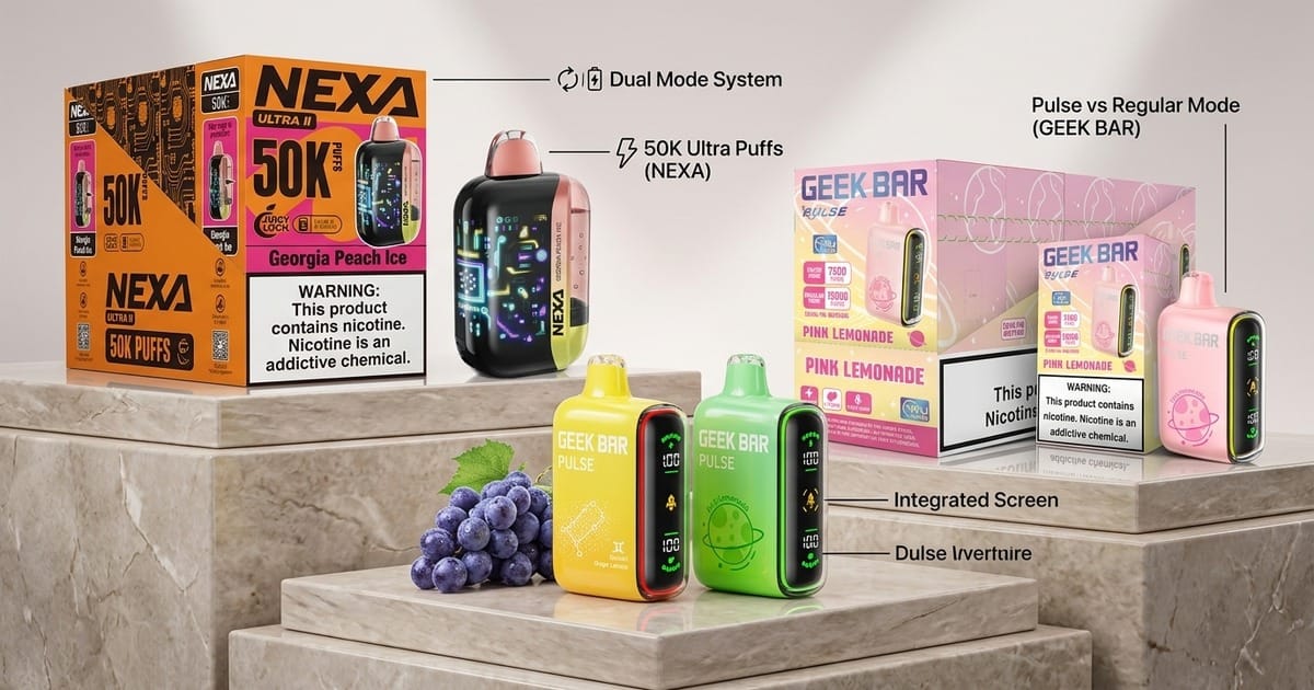 Nexa Ultra II 50K puffs disposable vape next to Geek Bar Pulse devices, comparing dual mode system, puff count, and integrated screen features