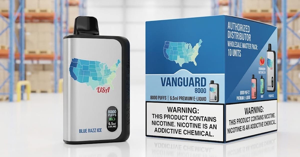 Vanguard 8000 disposable vape and wholesale master pack of 10 units, showing puff count, e-liquid volume, and nicotine warning labels