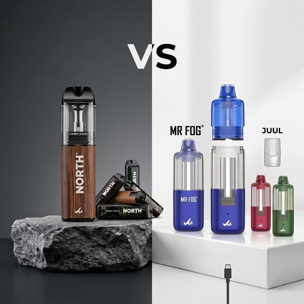 A split-screen graphic titled "VS" compares NORTH vapes on a stone slab on the left with blue, red, and green MR FOG.