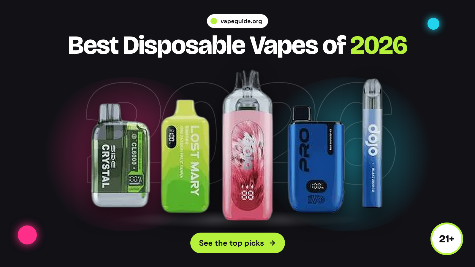 Five disposable vape devices lined up on a dark background under the headline “Best Disposable Vapes of 2026”