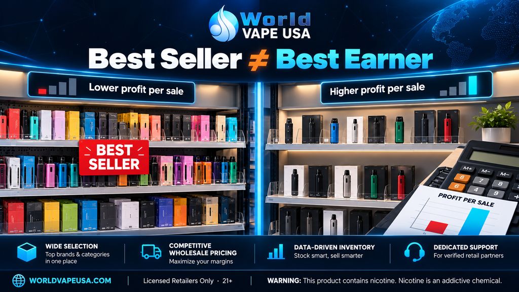 Crowded best-seller vape shelf marked lower profit per sale next to a quieter shelf marked higher profit per sale, with a calculator and profit chart, showing best seller does not equal best earner