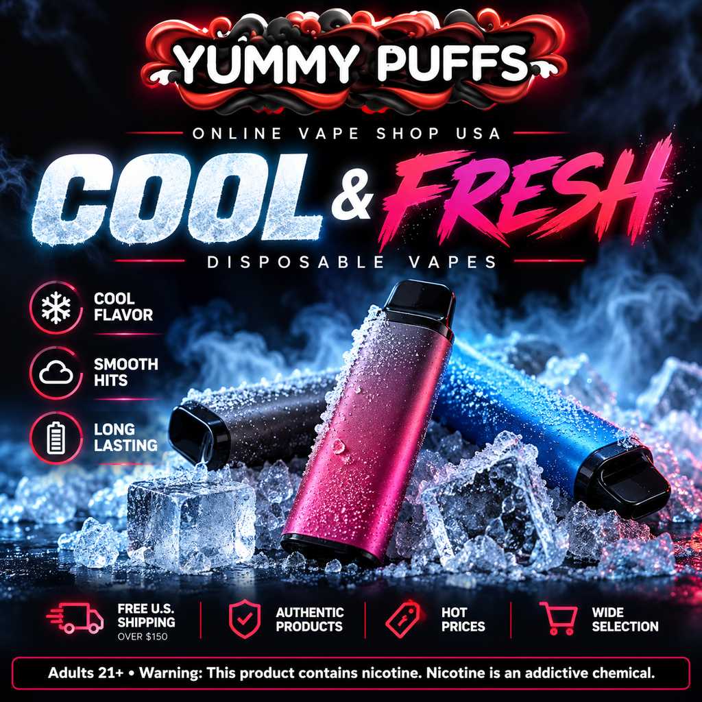 Three unbranded disposable vapes resting on crushed ice and frost, illustrating ice and cooling vape flavors.
