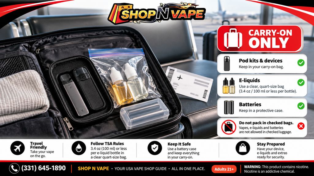 Open carry-on bag with a pod kit in a case, e-liquid bottles in a clear quart-size bag and spare batteries in a case, with a carry-on only checklist for flying with a vape