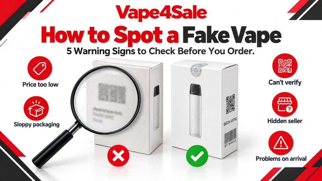 How to spot a fake vape infographic with a magnifying glass over a box with blurry printing next to a genuine box with a seal, QR code and batch number, plus icons for five warning signs