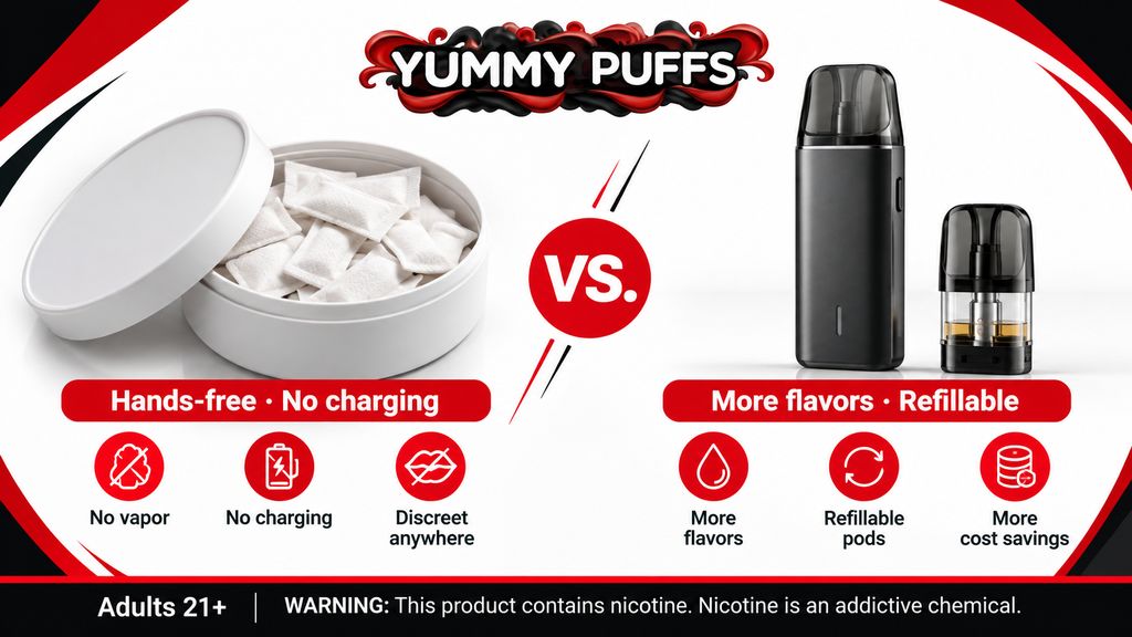Graphic showing when a nicotine pouch or a vape fits best: pouches for the commute and work, a vape for a flavor break and at home.