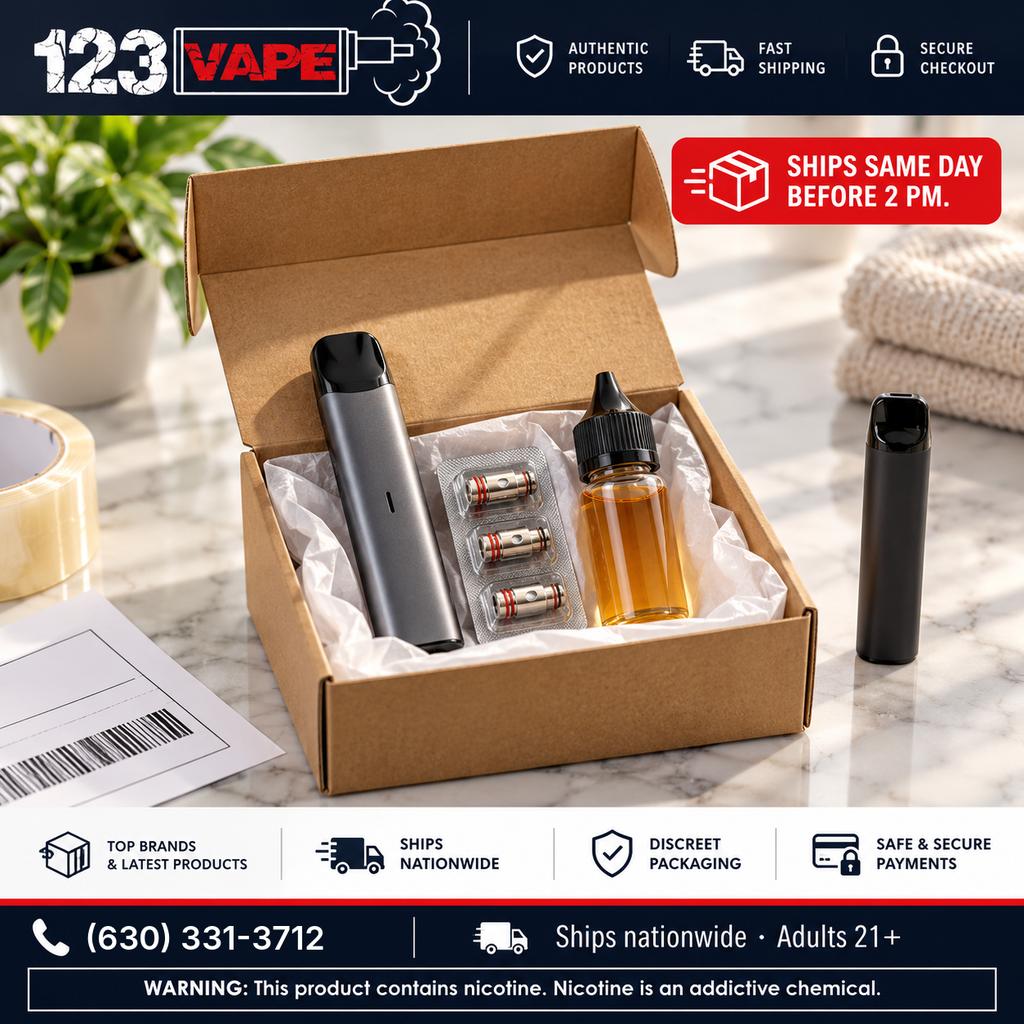 Shipping box packed with a refillable pod kit, replacement coils and an e-liquid bottle on a marble counter, with a “Ships same day before 2 PM” badge from our online vape shop