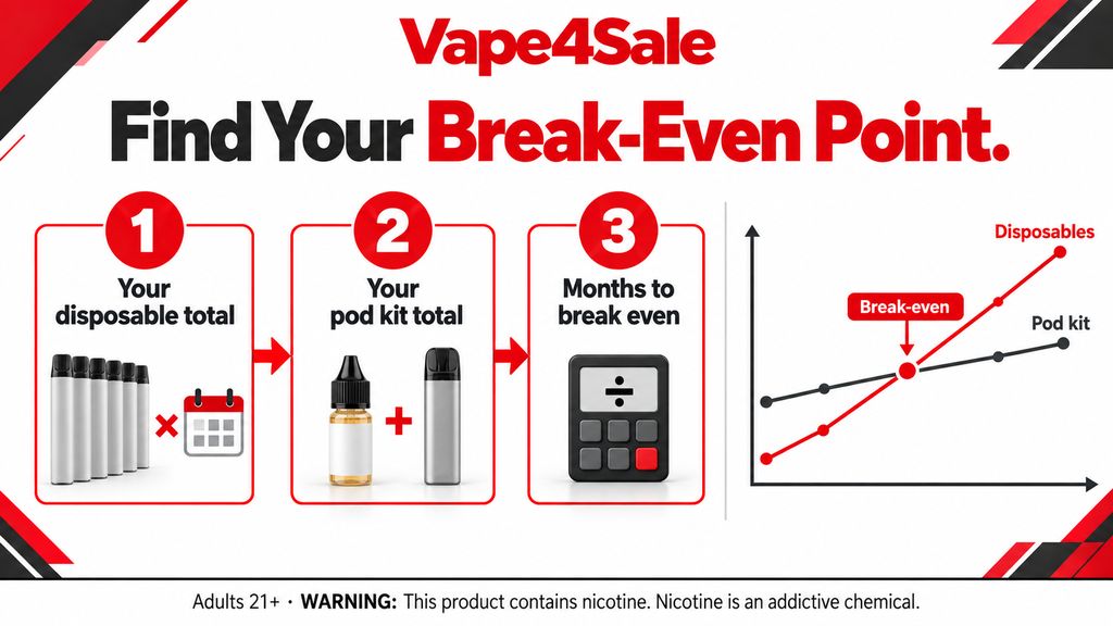 Three-step graphic showing how to find your pod kit break-even point, with a chart where pod kit spending crosses below disposable spending over time