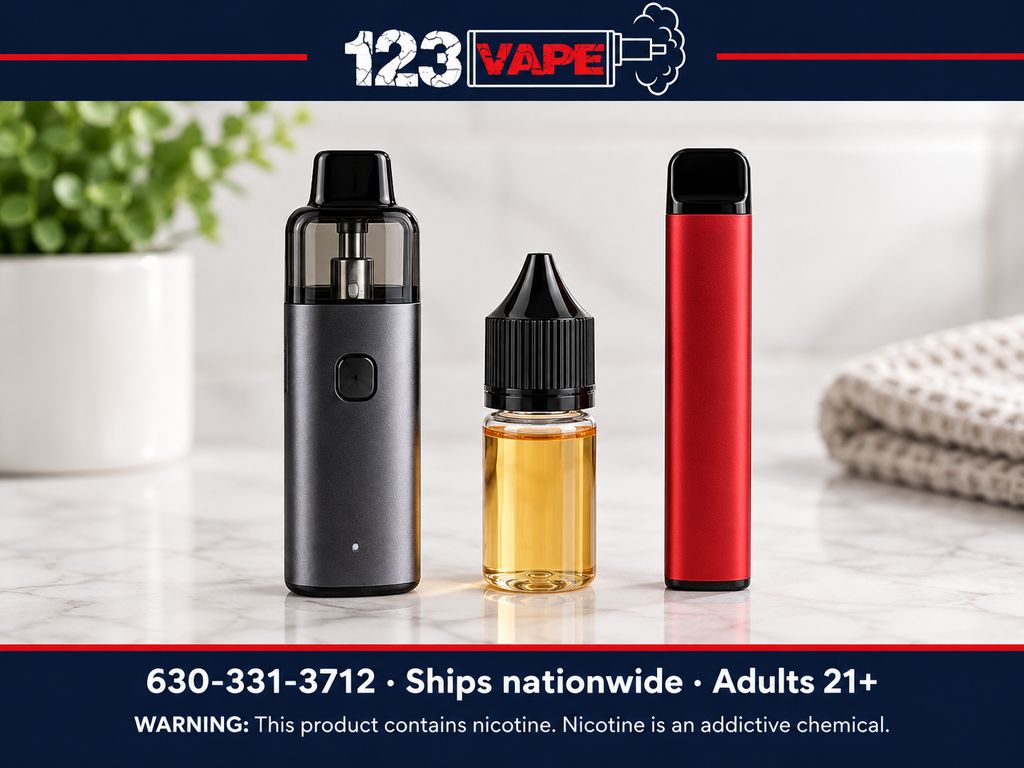 Refillable pod kit, bottle of e-liquid and disposable vape side by side on a marble counter, comparing pod kit vs. disposable options from 123Vape