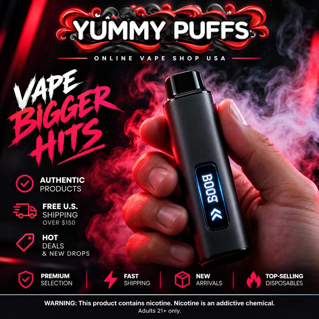 Adult hand holding an unbranded disposable vape with a lit screen showing boost mode.