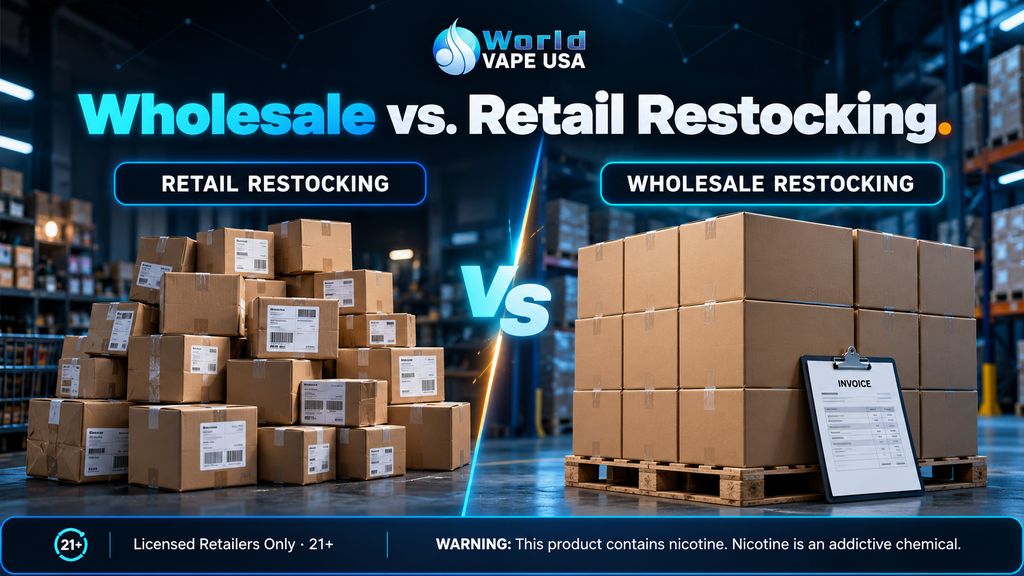 Messy pile of small retail shipping boxes next to a neat pallet of wholesale case boxes with an invoice clipboard, comparing wholesale vs. retail restocking for vape shops