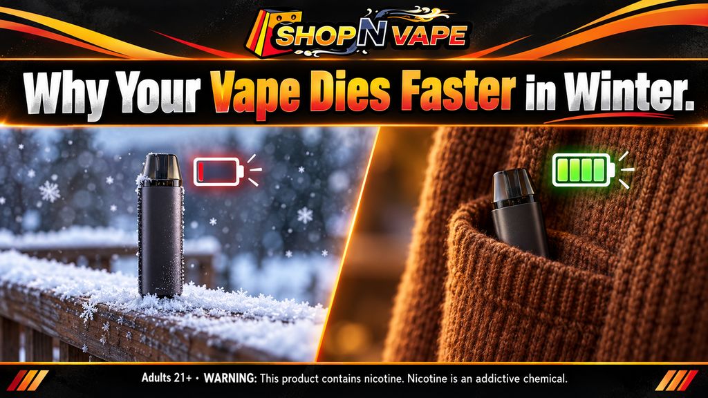 Vape in the snow showing a low battery next to the same vape in a warm knit coat pocket showing a full battery, illustrating why your vape dies faster in winter